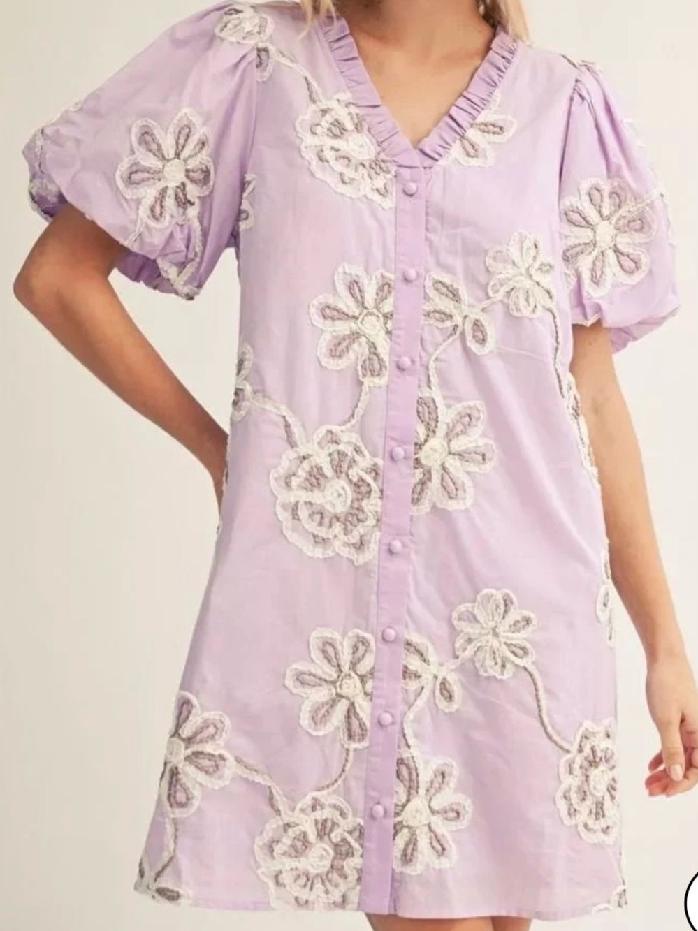 JODIFL Lavender Floral Embroidered Button-Front Dress